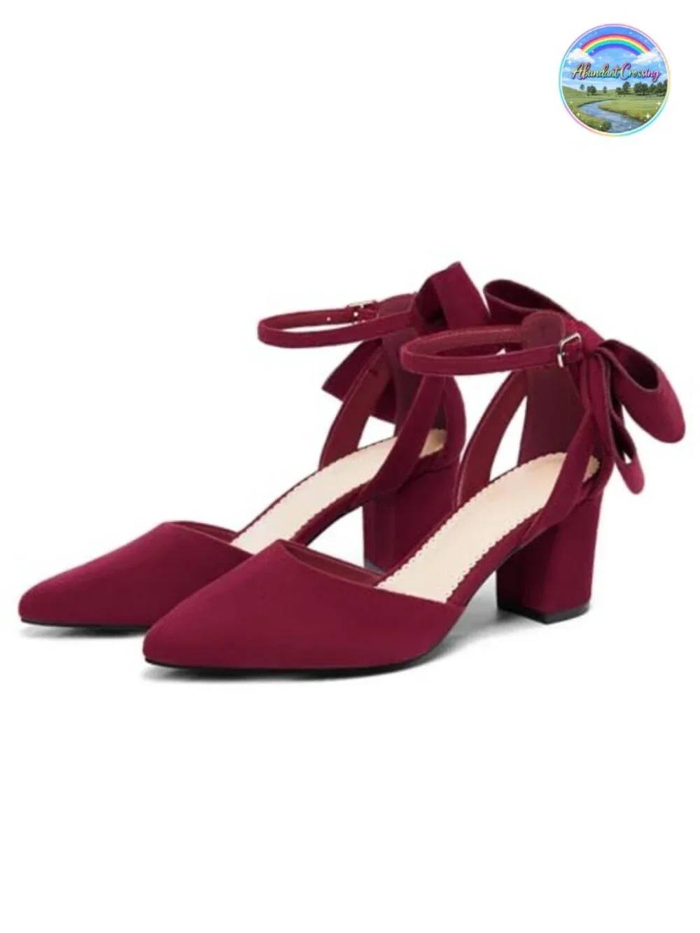 Women's Chunky Block Heels Ankle Strap Pointed Toe Suede Pumps with Bow